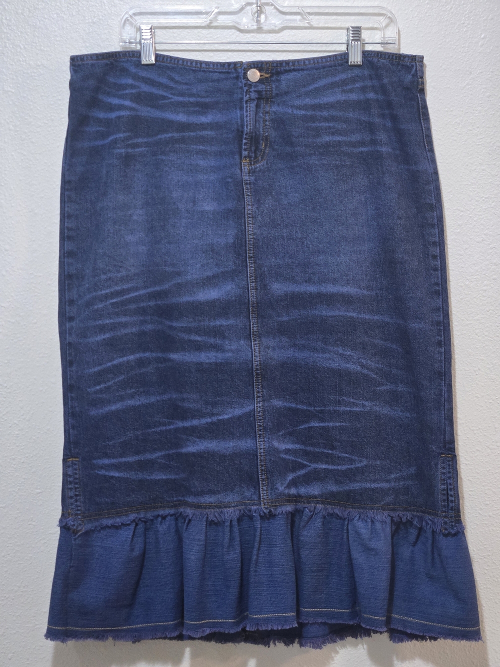 Y2K Denim Ruffle Hem Midi Skirt Whiskered Dark Wash 13